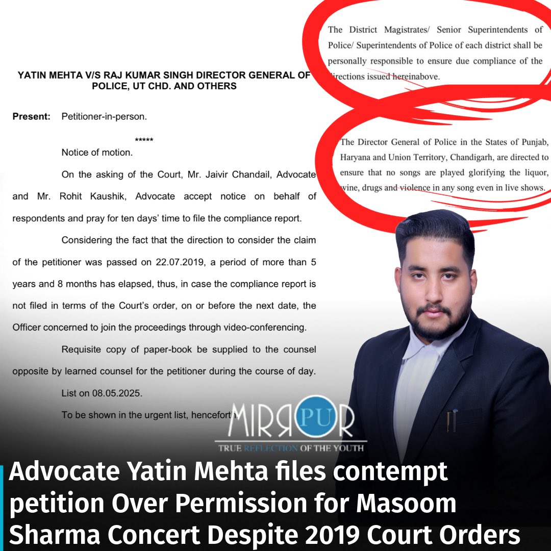pu_mirror's tweet photo. A controversy has erupted over the recent #MasoomSharma #concert held in #PU, with Adv Yatin Mehta filing a contemt petition in #court questioning how the event was granted clearance despite a 2019 court ruling restricting such performances.
 #order https://t.co/naD2h3VAkk