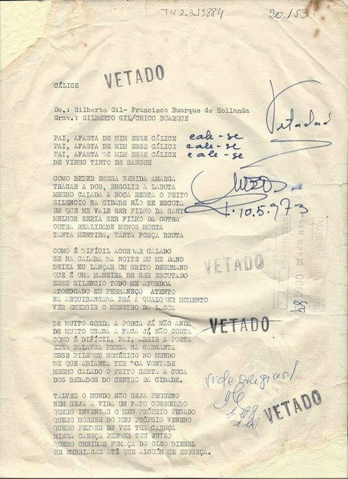 Letra da música "Cálice", de Gilberto Gil e Chico Buarque, censurada em maio de 1973.

© AAN/FSCDP