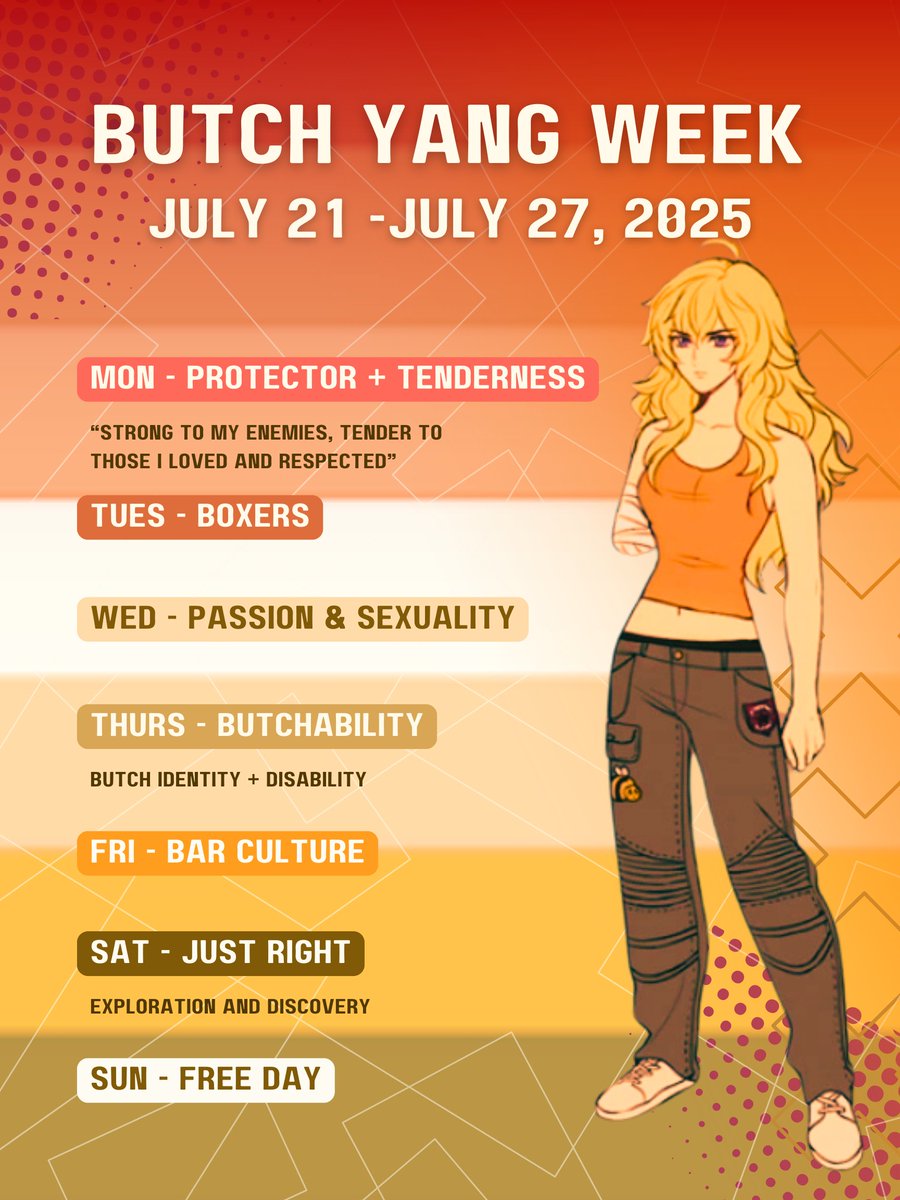 MlLFOLOGY's tweet image. #ButchYangWeek is back! Celebrate Yang's masculinity and how it applies to the butch identity from 7/21/25-7/27/25.
Please review the additional updates and guidelines in the posts below before participating.
#RWBY #YangXiaoLong #bumbleby