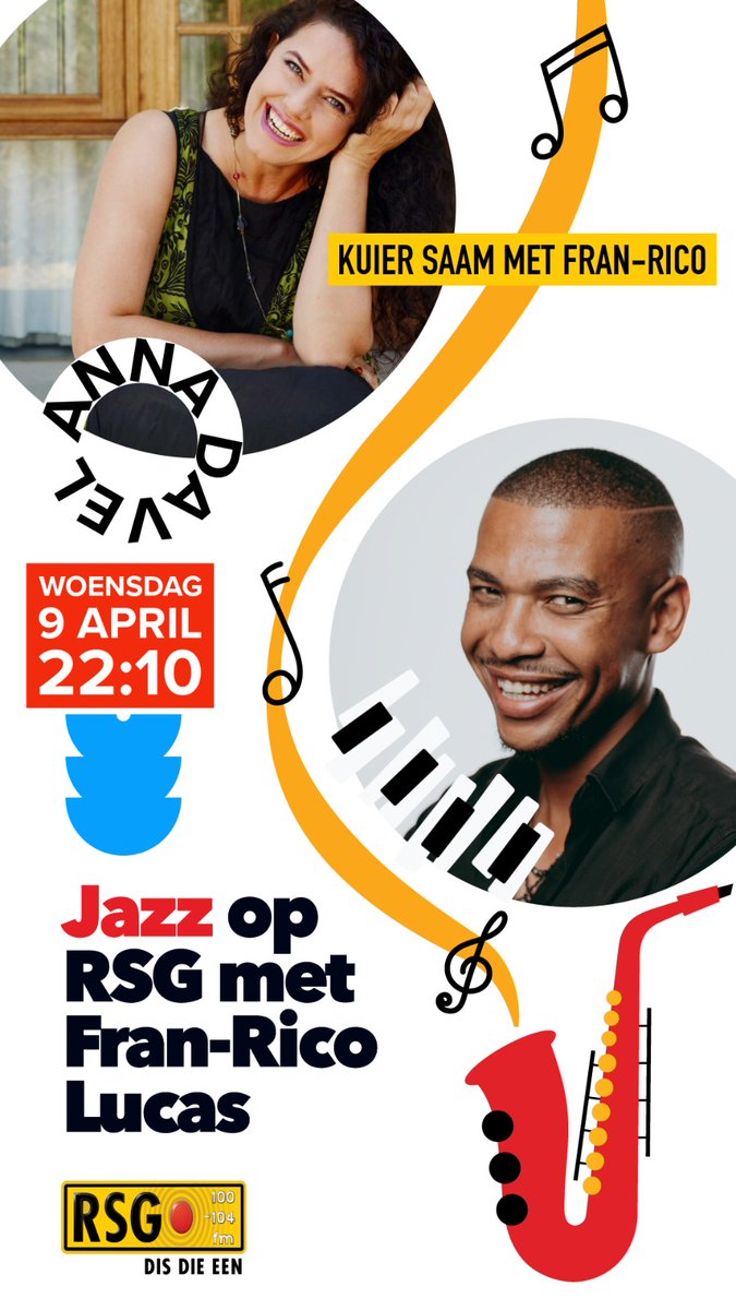 Vanaand sing ek Jazz en gesels ek met die lieflike @franricolucas op RSG. 

Ek luister gereeld na sy program en was gelukkig genoeg om hom in persoon te kon ontmoet tydens vanjaar se KKNK  en vanaand is ek sy gas.
Skakel gerus in op @rsg_100104fm 
9 April om 22.10. 🎷🎤🎹