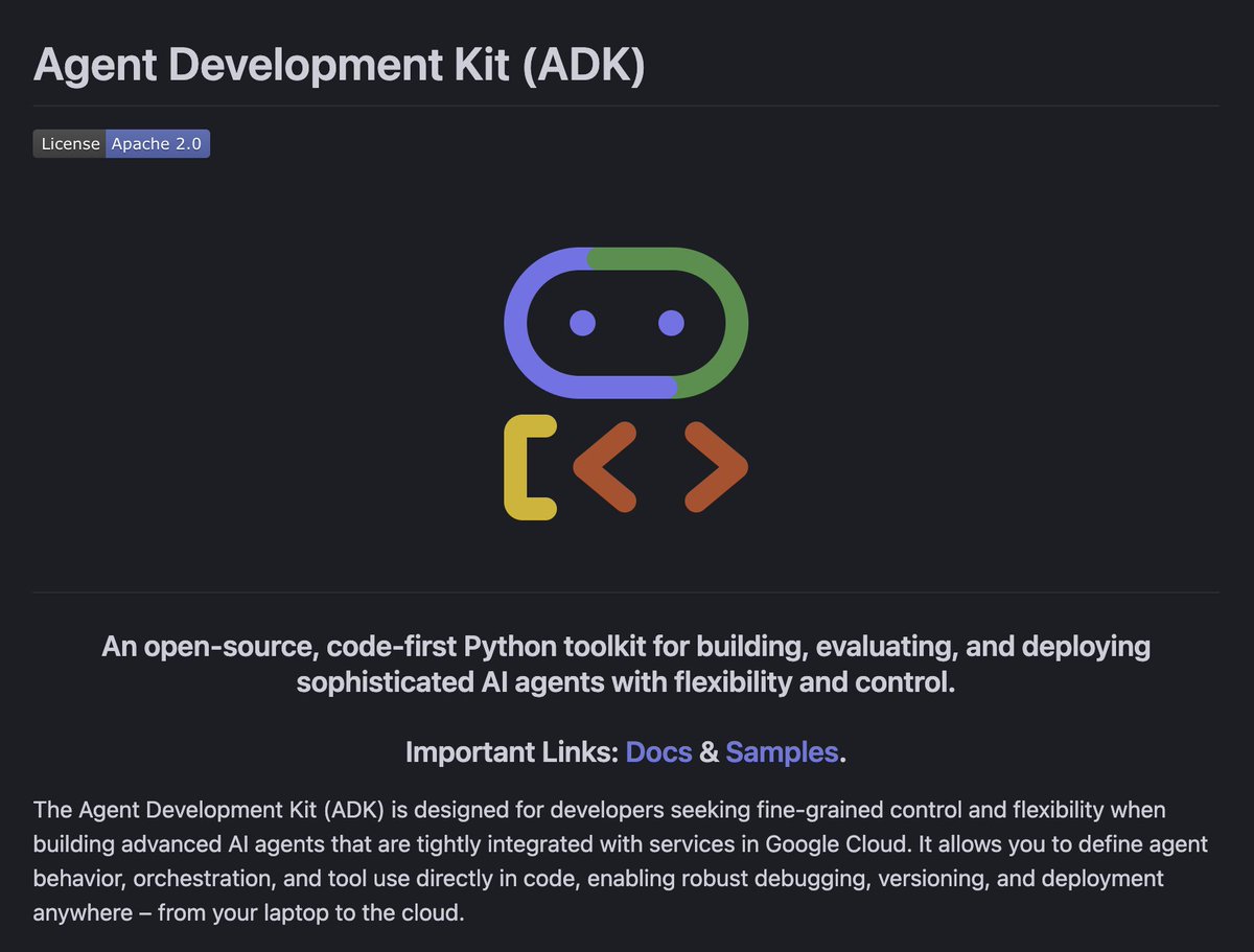 omarsar0's tweet image. NEW: Google presents Agent Development Kit (ADK)
Features:
- code-first
- multi-agents
- rich tool ecosystem
- flexible orchestration
- integrated dev xp
- development-ready
- streaming
- state, memory, artifacts
- extensibility
> pip install google-adk