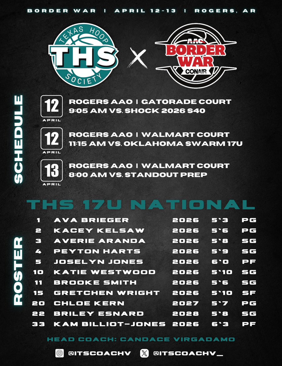 Coach Candace Virgadamo (@itscoachv_) on Twitter photo It’s time for one of my absolute favorite tournaments of the season! <a href="/Borderwar1/">Borderwar Tourney</a>
Coaches, give our 17u squad a follow:
<a href="/AvaBrieger/">Ava Brieger</a>
<a href="/KaceyKelsaw/">Kacey Kelsaw</a>
<a href="/averie5aranda/">Averie Aranda</a>
<a href="/HartsPeyton/">Peyton Harts</a>
<a href="/jjhoops26/">Joselyn Jones (JJ)</a>
<a href="/katiewestwood26/">katiewestwood26</a>
<a href="/brooke_smth/">Brooke Smith</a>
<a href="/gretch_wright00/">Gretchen Wright</a>
<a href="/chloekern27/">Chloe Kern</a>
<a href="/brileyesnard/">Briley Esnard</a>
<a href="/K_Billiot_Jones/">Kamryn Billiot-Jones</a> It’s time for one of my absolute favorite tournaments of the season! <a href="/Borderwar1/">Borderwar Tourney</a>
Coaches, give our 17u squad a follow:
<a href="/AvaBrieger/">Ava Brieger</a>
<a href="/KaceyKelsaw/">Kacey Kelsaw</a>
<a href="/averie5aranda/">Averie Aranda</a>
<a href="/HartsPeyton/">Peyton Harts</a>
<a href="/jjhoops26/">Joselyn Jones (JJ)</a>
<a href="/katiewestwood26/">katiewestwood26</a>
<a href="/brooke_smth/">Brooke Smith</a>
<a href="/gretch_wright00/">Gretchen Wright</a>
<a href="/chloekern27/">Chloe Kern</a>
<a href="/brileyesnard/">Briley Esnard</a>
<a href="/K_Billiot_Jones/">Kamryn Billiot-Jones</a>