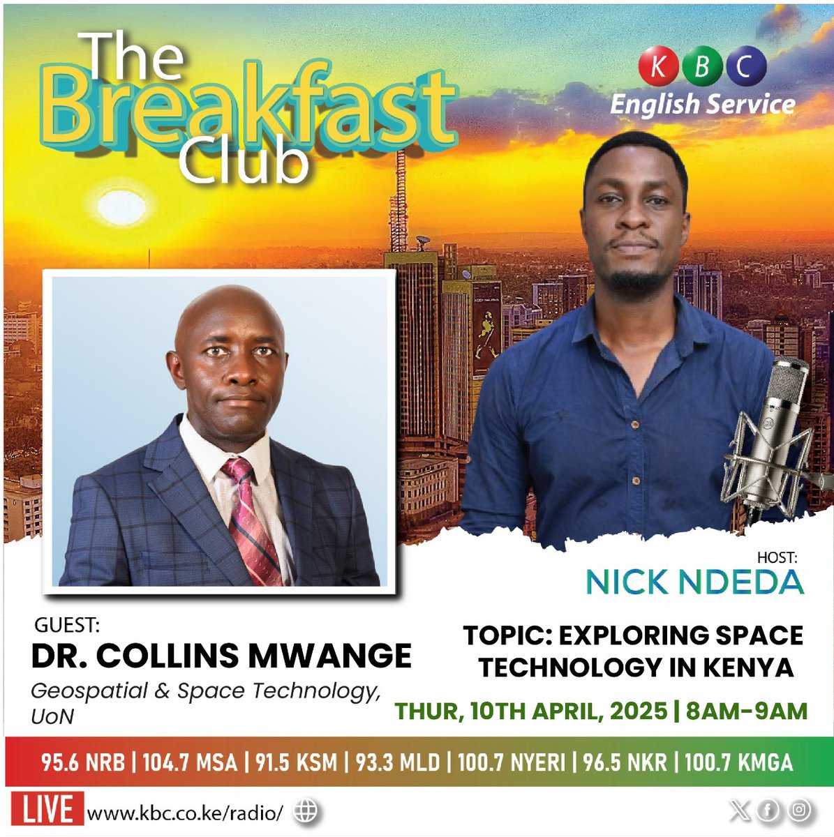 KBC English Service (@kbcenglish) on Twitter photo SPACE TECHNOLOGY IN KENYA!
Let's discuss advancements in space technology in Kenya; what questions and concerns do you have?
Listen live: kbc.co.ke/radio/
#BreakfastClubKBC
<a href="/NickNdeda/">Nick Ndeda</a>
^KO SPACE TECHNOLOGY IN KENYA!
Let's discuss advancements in space technology in Kenya; what questions and concerns do you have?
Listen live: kbc.co.ke/radio/
#BreakfastClubKBC
<a href="/NickNdeda/">Nick Ndeda</a>
^KO