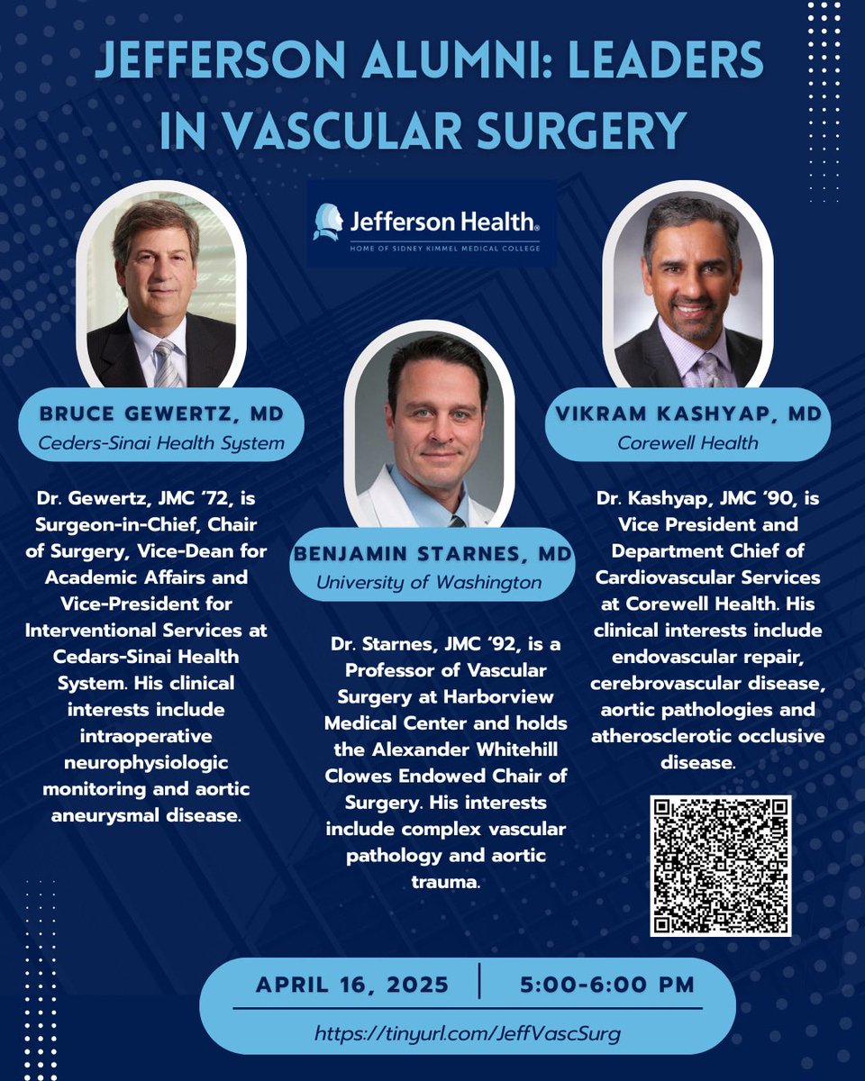 Our Department of Vascular Surgery is hosting an impressive Alumni panel on April 16th! 💙 They are incredibly accomplished and will be sharing their stories, experiences, and interests. Can’t wait! 

Sign up to attend using this link: forms.office.com/r/E1qeFDyWzb