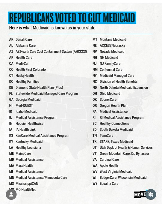 Medicaid goes by different names in different states, no matter what its called Trump and MAGA Republicans are laying the ground work to cut your healthcare to give tax breaks to their billionaire donors. Government needs to fund our social safety nets and not billionaires.