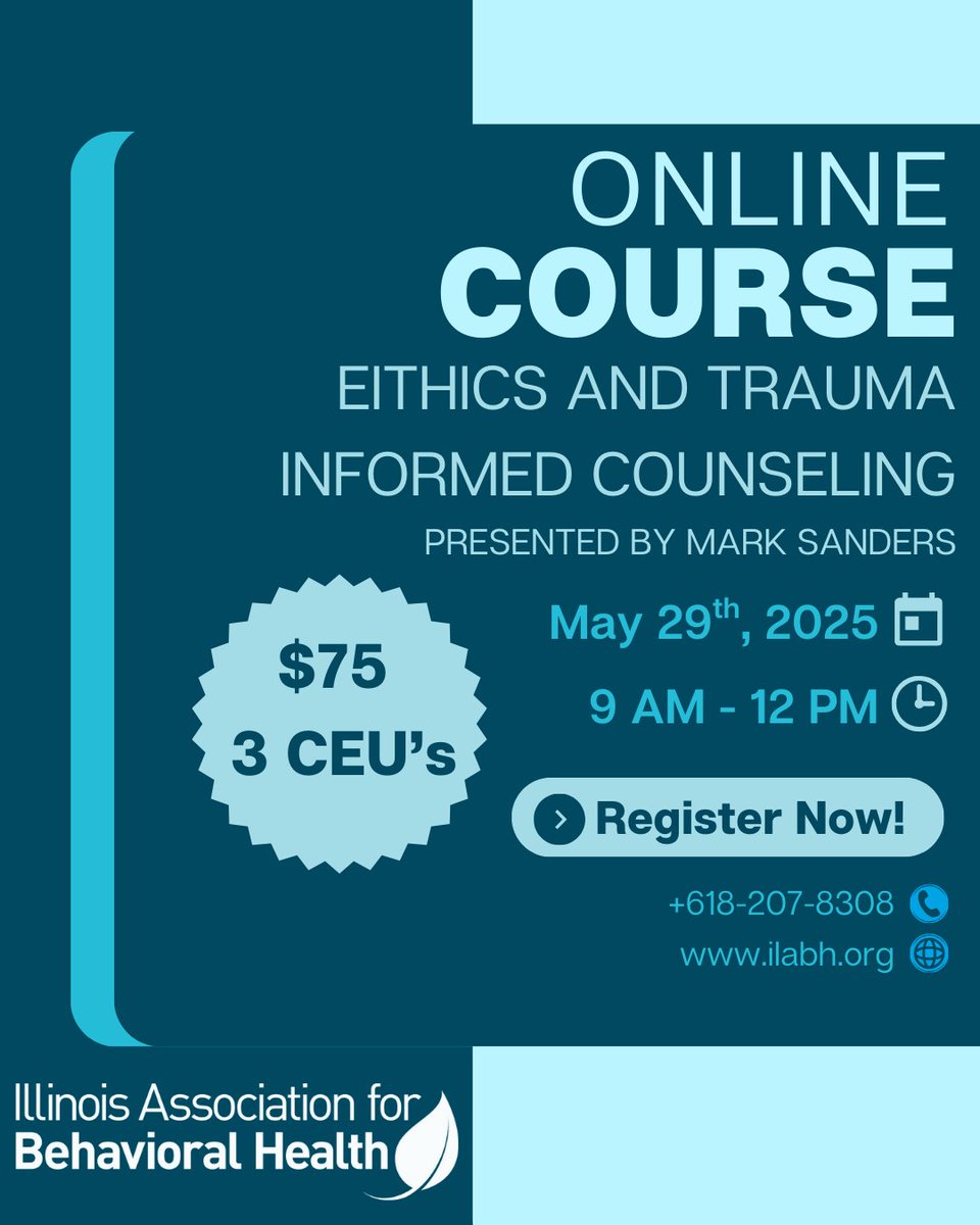 Join us on May 29th, from 9 AM – 12 PM, for an virtual training on “Ethics and Trauma Informed Counseling”. This webinar is presented by Mark Sanders, LCSW/CADC and offers 3 CEU’s. For more details and to register click below! 

💻iabh.wufoo.com/forms/rws5l1c0…