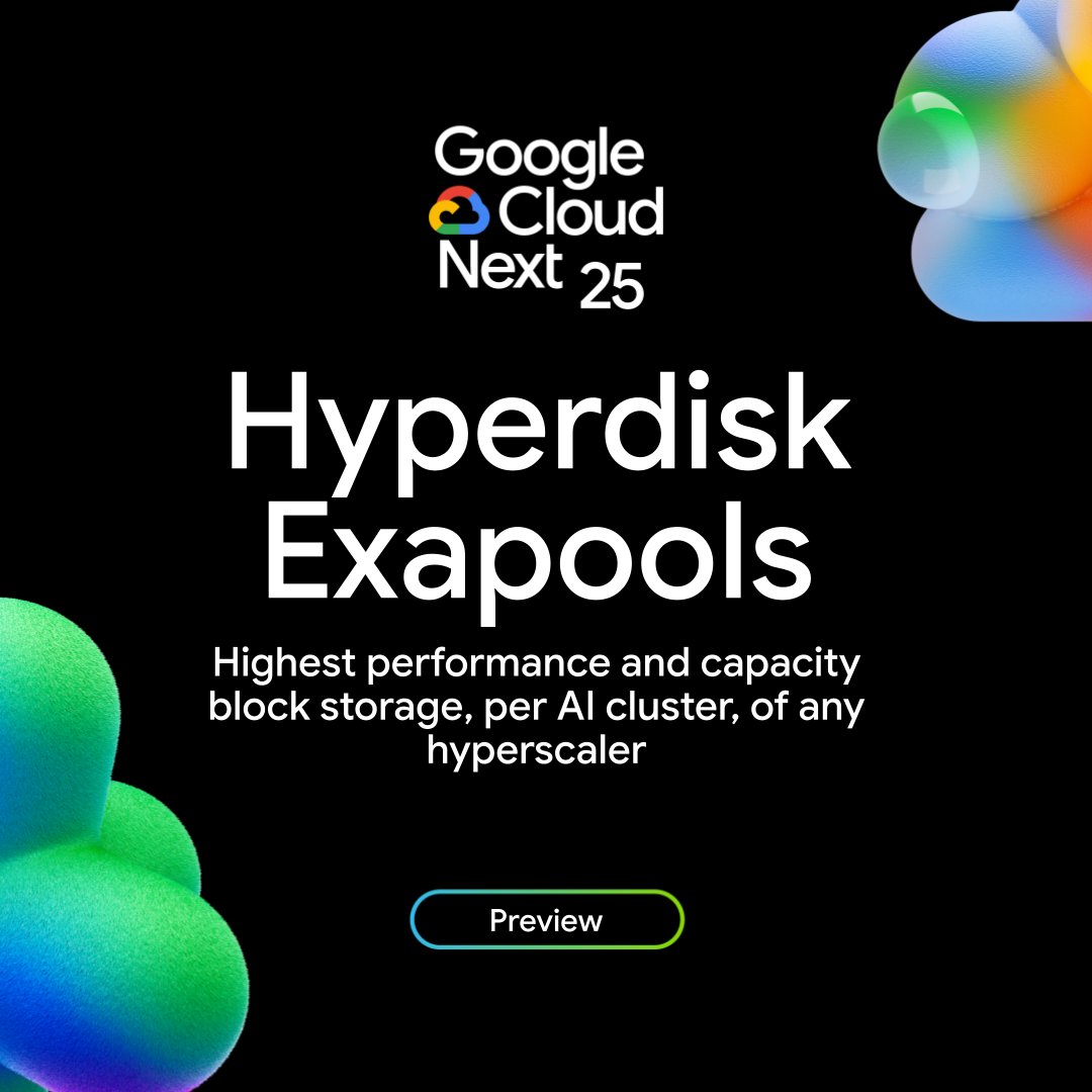 Today at #GoogleCloudNext, we introduced groundbreaking storage innovations, including Hyperdisk Exapools—block storage with the highest performance &amp; capacity per AI cluster of any hyperscaler.

You can provision up to 1 exabyte of storage + many terabytes/second of performance.