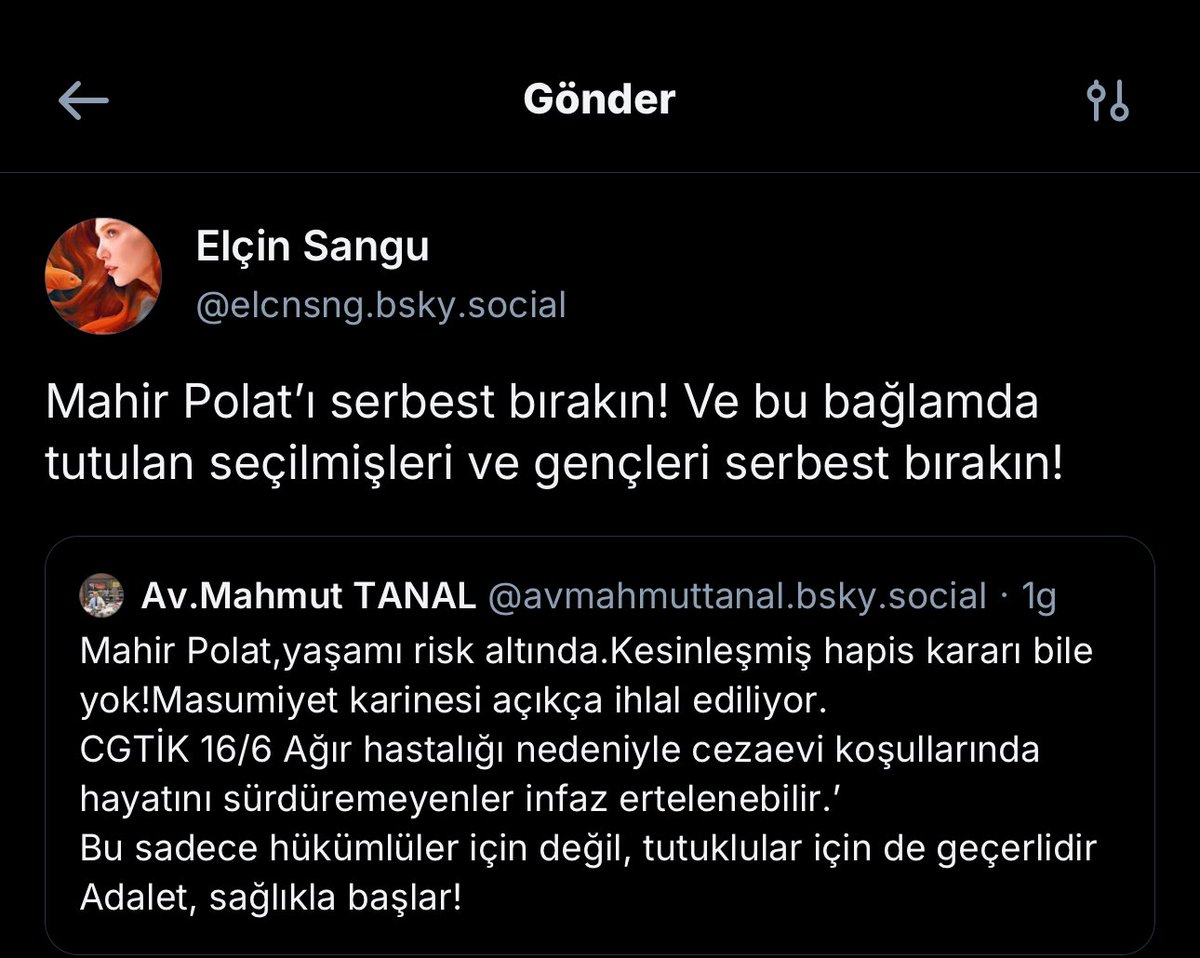 Yeni versiyon ;Mahir Polat’ın ev hapsini kaldırın! Bu bağlamda hala içerde tutulan gençleri ve halkın seçilmişlerini  ve hatta bir de eliniz değmişken Ayşe Barım’ı da serbest bırakın!