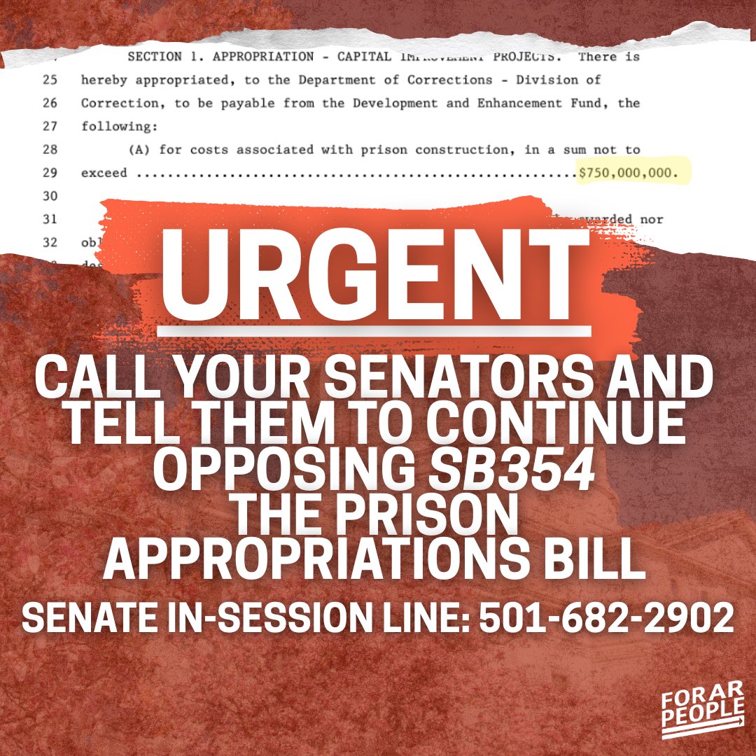 URGENT: SB354 The Prison Appropriations Bill is up again TODAY!

It has failed FIVE times but there are rumors that some Senators have flipped and it’s likely it passes today! 

CALL YOUR SENATORS NOW AND TELL THEM VOTE NO!
#arpx #arleg