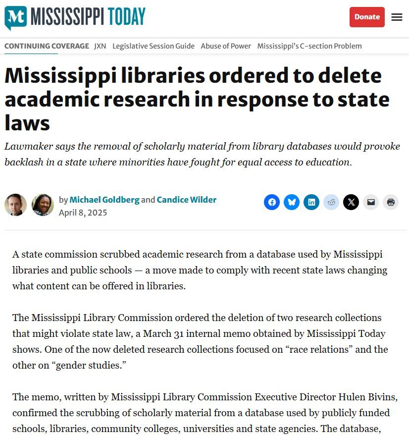 You can't just delete views you disagree with, let alone academic research #AcademicFreedom #IntellectualFreedom mississippitoday.org/2025/04/08/mis…