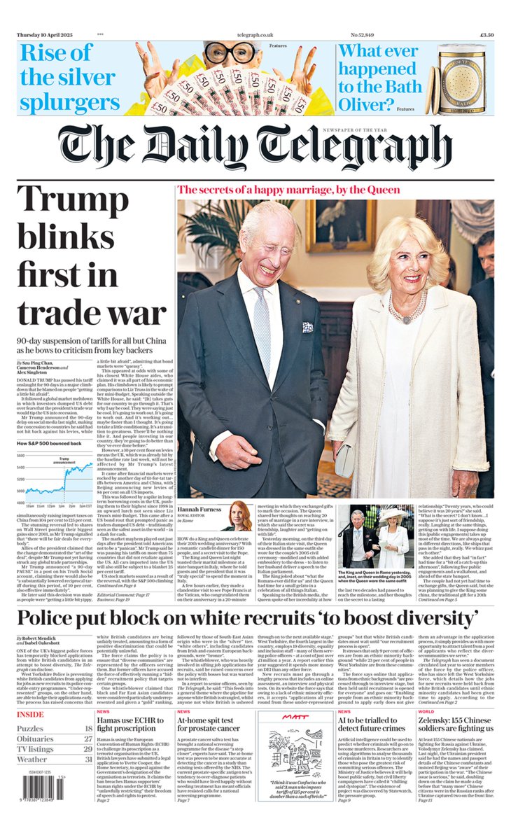 AndyGibsonTV's tweet photo. The Daily Telegraph: "TRUMP BLINKS FIRST IN TRADE WAR"
@SzuPingC / @CamHenderson98 / @AlexSingletonUK for @Telegraph.
FULL STORY: https://t.co/I54agU1xl5
#DonaldTrump has paused his tariff onslaught for 90 days apart from China.
#DailyTelegraph
#IBPAPERS
#TomorrowsPapersToday https://t.co/1nvBt84vII