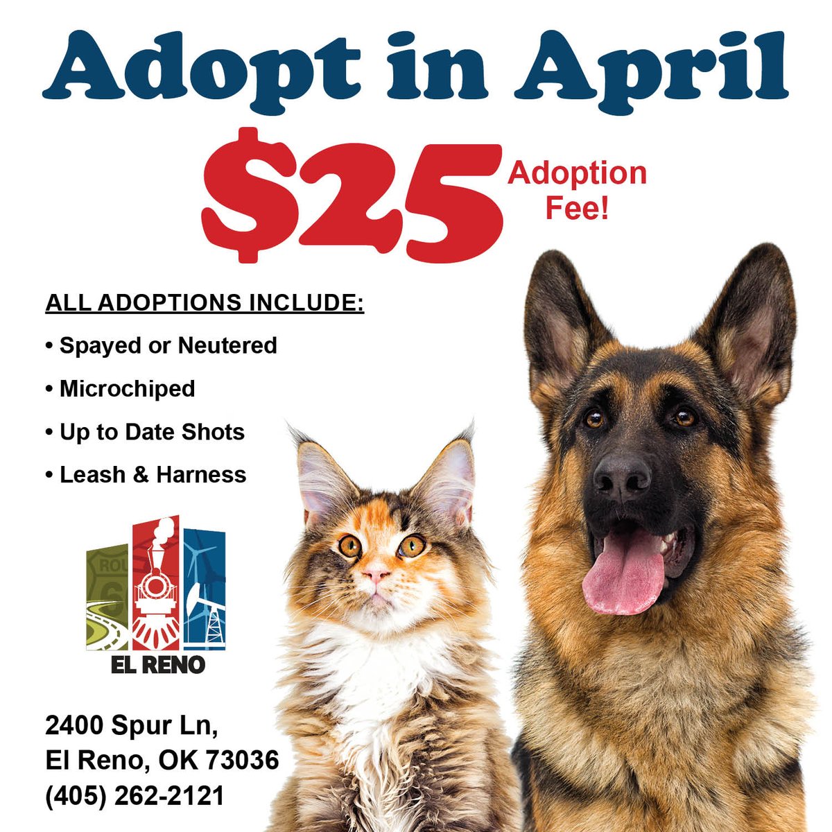 🐾 Our shelter is FULL! Help us find loving homes for our furry friends 💙

All April, adopt a cat or dog for just $25! 🐶🐱 Includes spay/neuter, microchip, shots, leash &amp; harness.

📍2400 Spur Ln | 🕗 M–F 8–5
📞 405-262-2121
#AdoptDontShop #ElRenoPets #ClearTheShelter