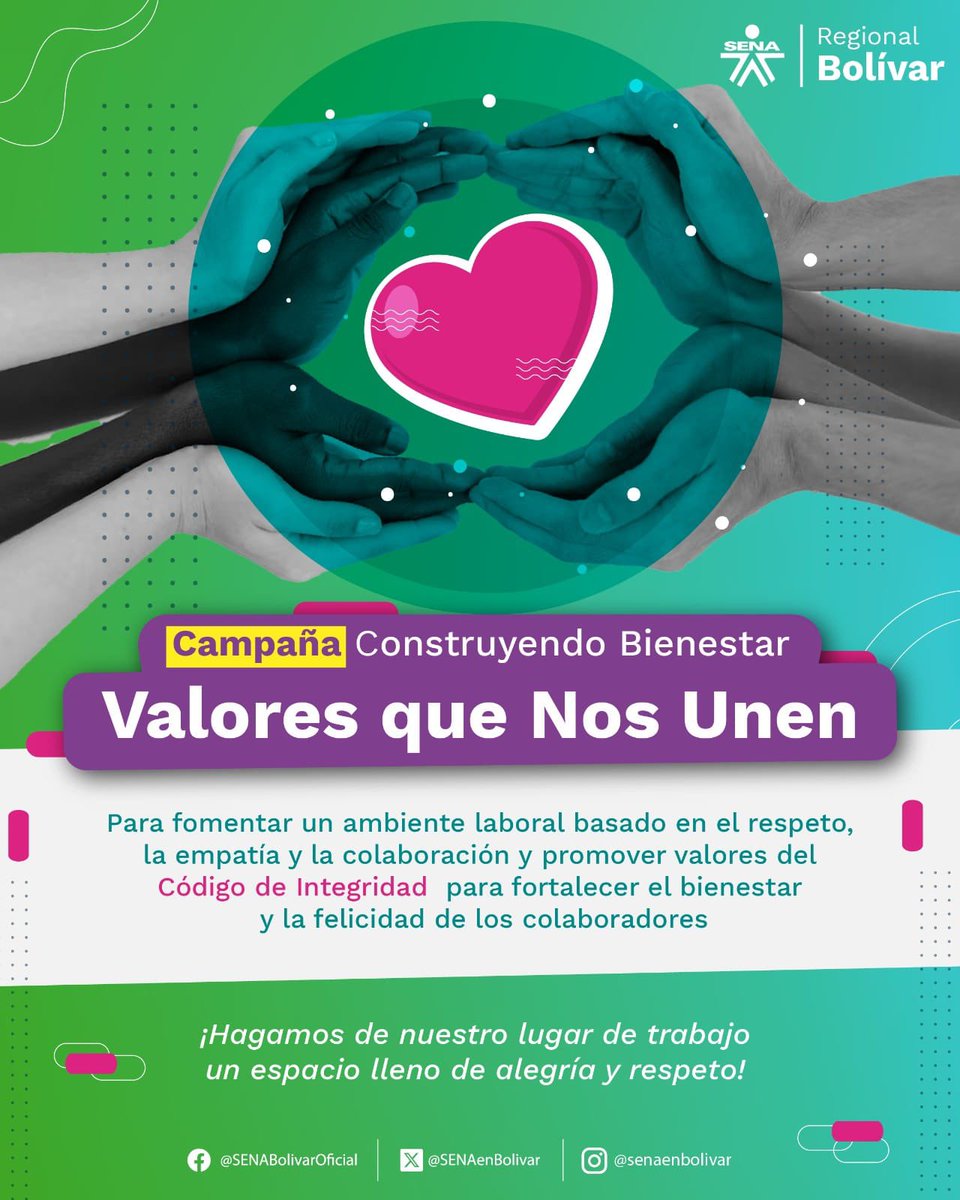 velezc_nelson's tweet photo. El Centro para la Industria Petroquímica @SENAenBolivar 💚 se une a la campaña Regional Construyendo Bienestar "Valores que nos Unen", orientando nuestras acciones a lograr una cultura positiva para estimular la felicidad laboral. https://t.co/0CxoVwy5kM