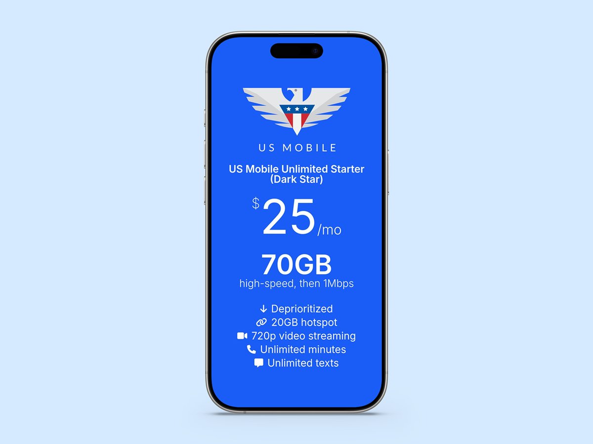stetsondoggett's tweet image. US Mobile's new Unlimited Starter Dark Star plan is unreasonably good.
• $25/mo
• 70GB high-speed data
• 20GB hotspot
• 720p video streaming
Grab the version on sale right now for $19/mo with a limited-time discount.