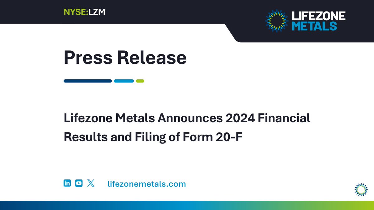 Lifezone Metals Announces 2024 Financial Results and Filing of Form 20-F.

Full press release: bit.ly/4joTTBt

$LZM
#Nickel #CleanEnergy #Mining #Investors