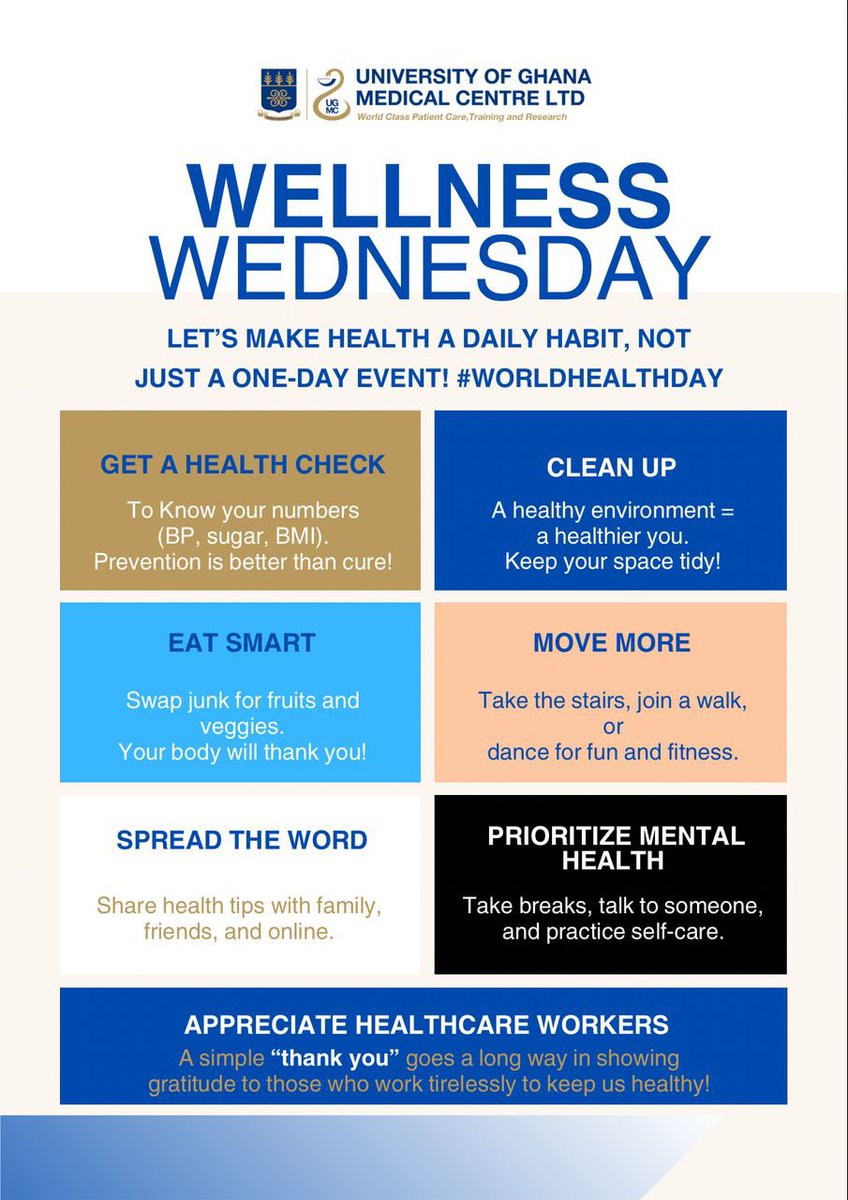 Ate you ready for your UGMC Wellness Wednesday Tips today? Your health is shaped by the choices you make every day. Start small. Little steps lead to lasting change. Here is to Healthy Beginnings and Hopeful Futures!

#UGMCwellnesswednesday 

<a href="/mohgovgh/">Ministry of Health, Ghana</a> <a href="/UnivofGh/">University of Ghana</a>