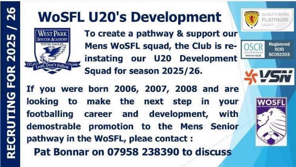 Our new under 20s west park team for next season looking for main sponsorship if any business out there looking to help out company logo on strips tracksuits ect also can have company banner put up during 20s and 1st team games at Huntershill park
