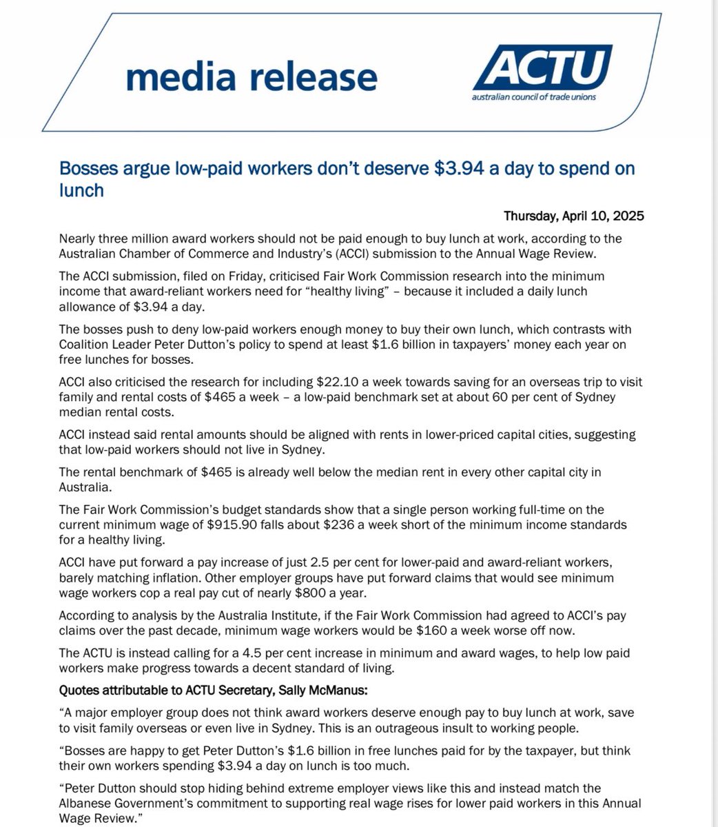 Media release: Bosses argue low-paid workers don’t deserve $3.94 to spend on lunch