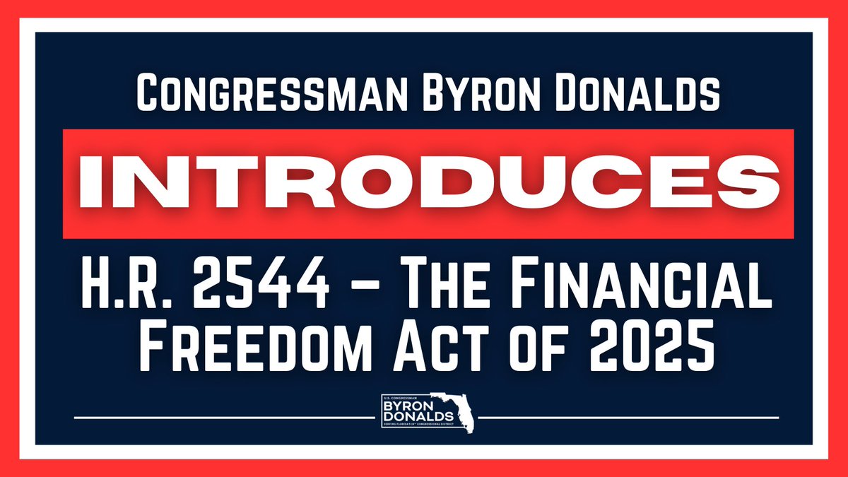 Congressman Byron Donalds (@repdonaldspress) on Twitter photo I'm proud to introduce my 13th bill of the 119th Congress, H.R. 2544 – "The Financial Freedom Act" alongside <a href="/SenTuberville/">Coach Tommy Tuberville</a>.
This bicameral bill prevents unelected, DC bureaucrats from imposing burdensome restrictions on how Americans can invest into their self-directed 401Ks. I'm proud to introduce my 13th bill of the 119th Congress, H.R. 2544 – "The Financial Freedom Act" alongside <a href="/SenTuberville/">Coach Tommy Tuberville</a>.
This bicameral bill prevents unelected, DC bureaucrats from imposing burdensome restrictions on how Americans can invest into their self-directed 401Ks.