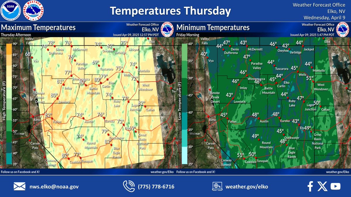 NWSElko's tweet photo. High Pressure will lead to even warmer temperatures for Thursday as near record to record high temperatures will be possible. highs will range from the low 70s to low 80s Thursday afternoon with overnight lows Friday morning dropping into the low 40s to low 50s. #NVwx #SpringHeat https://t.co/CntiuRA1kc