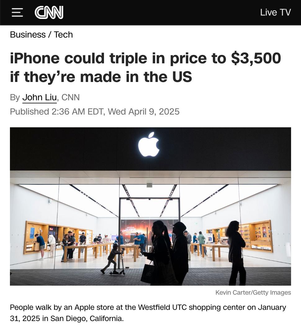 NikDu13's tweet photo. Цена на iPhone может достичь $3500, если их будут производить в США, - CNN https://t.co/QqwKL749mk