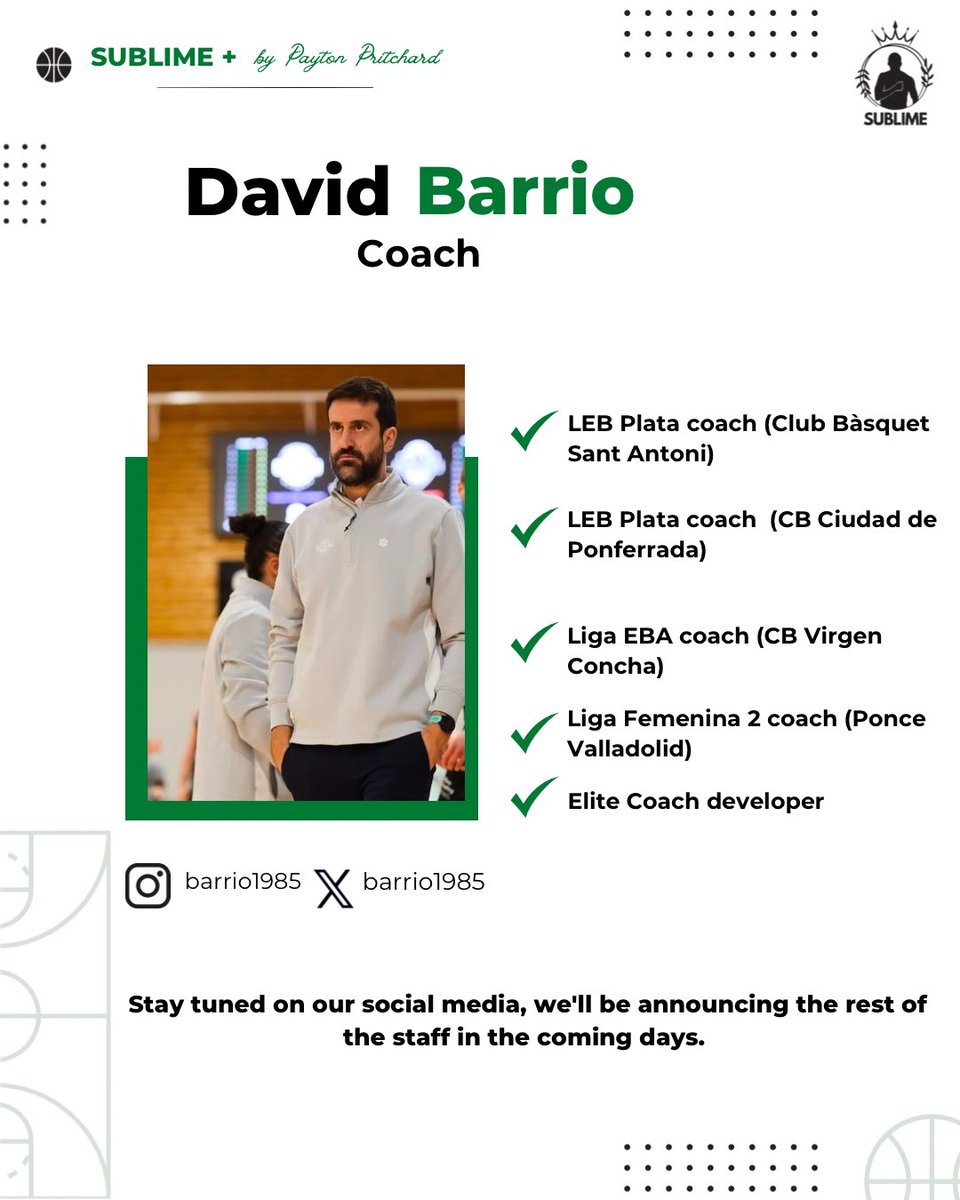 Sublimebball's tweet photo. David Barrio @barrio1985 is one of the coaches at Sublime + by Payton Pritchard.

Barrio is having an amazing season on the bench at Sant Antoni, fighting for promotion and holding the longest wining streak by a coach in the LEB Plata League. https://t.co/b2RuS0b2x5