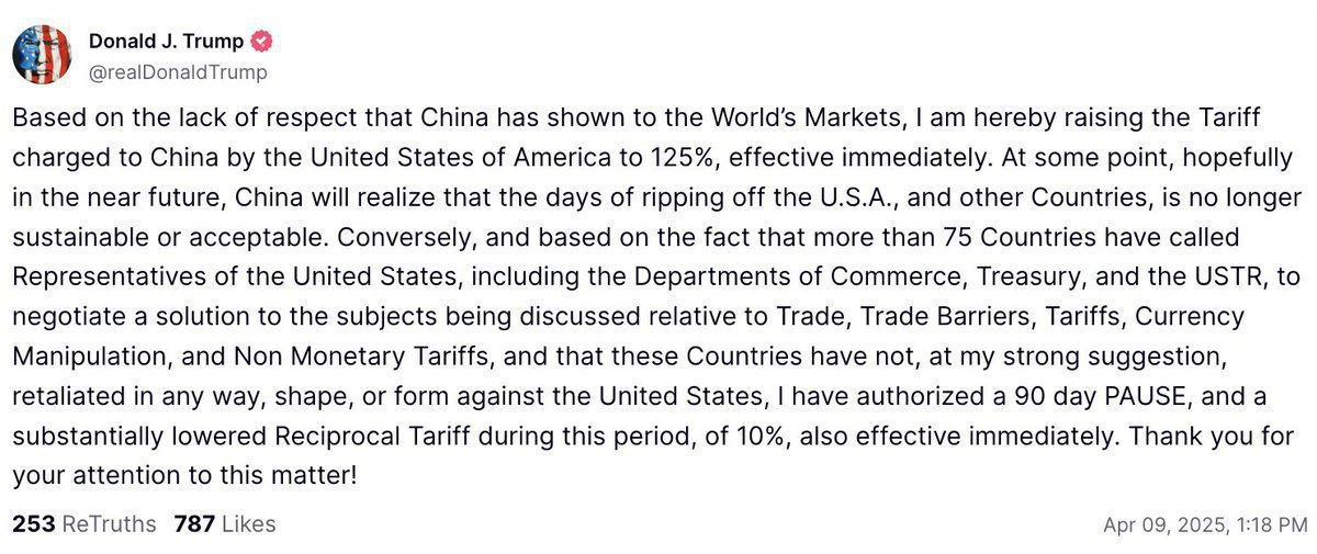 🇺🇸⚡🇨🇳 Trump has declared a 90-day suspension of tariffs for all countries except China, whose tariffs will surge to 125%.