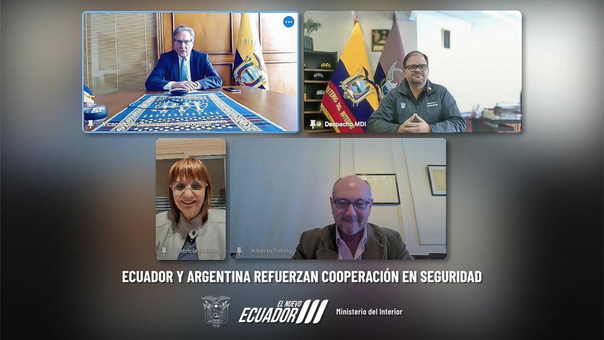 🤝🇦🇷 𝗘𝗰𝘂𝗮𝗱𝗼𝗿 𝘆 𝗔𝗿𝗴𝗲𝗻𝘁𝗶𝗻𝗮 𝗿𝗲𝗳𝘂𝗲𝗿𝘇𝗮𝗻 𝗰𝗼𝗼𝗽𝗲𝗿𝗮𝗰𝗶ó𝗻 𝗲𝗻 𝘀𝗲𝗴𝘂𝗿𝗶𝗱𝗮𝗱

El ministro del Interior, John Reimberg, mantuvo una reunión telemática de trabajo con la ministra de Seguridad de Argentina, Patricia Bullrich, y delegados de las