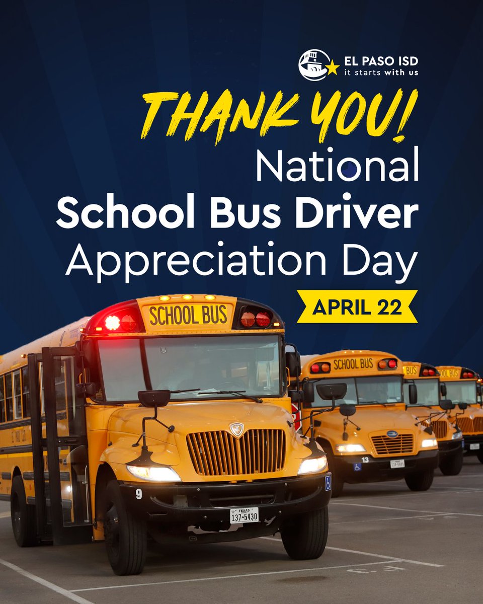 🥳 Happy School Bus Driver Appreciation Day! 🚍

A big thank you to all El Paso ISD Bus Drivers for their hard work and dedication! You keep students safe and are an essential part of their education. We appreciate everything you do! 👏 #ItStartsWithUs