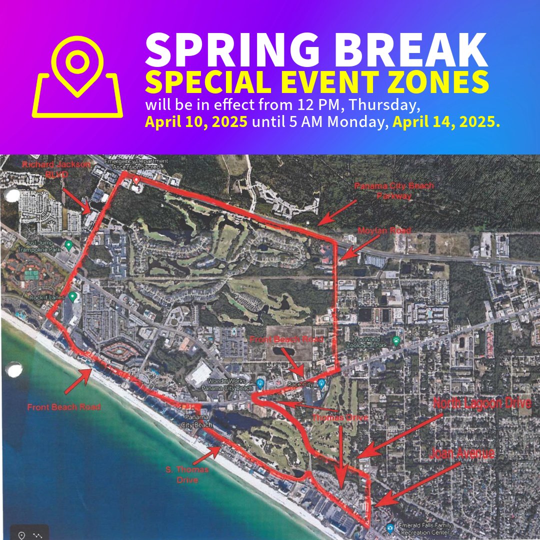 cityofpcbfl's tweet photo. A Special Event Zone will be in effect again starting 12 PM on Thurs., April 10 through 5 AM Mon., April 14. Expect increased law enforcement presence throughout the weekend, traffic fines will double in the zone, and vehicles can be impounded. Look for signs at entry points. https://t.co/gQeE2yYVg3