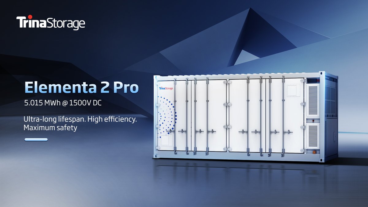 TrinaStorage's tweet image. The latest innovation in utility-scale energy storage is here. Elementa 2 Pro delivers:

 ⚡15,000+ cycles;
 🌡️Advanced cooling technology;
 🔧Compact design;
🔊 Low-noise operation (≤70dB).

bit.ly/4czNhhy

#TrinaStorage #Elementa2Pro