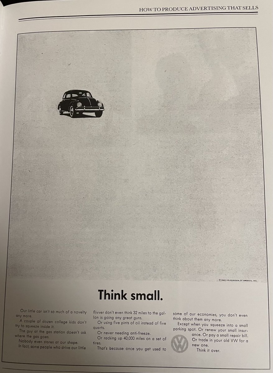 #buildinpublic this classic VW ad from 1962 is a perfect fit for many of the micro SaaS we are building here! Story goes that Doyle Dane Birnbach created this to position VW as a protest against Detroit at that time. Totally using this on my next one!