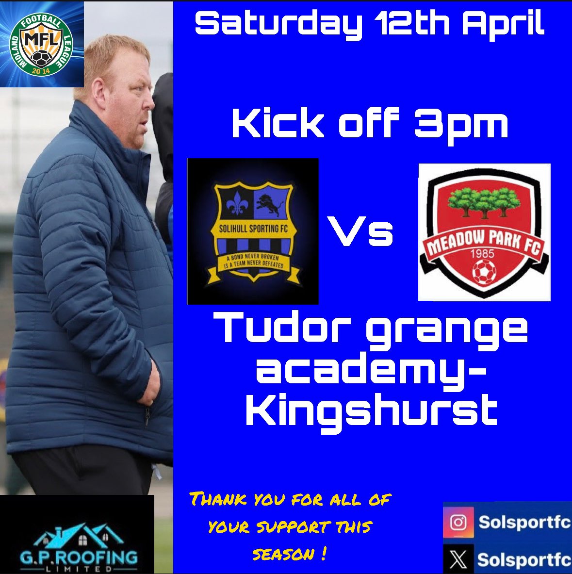NEXT UP: We complete our <a href="/MidlandLeague/">Capelli Sport Midland Football League</a> season on Saturday by welcoming @Meadow_Park_FC to Tudor grange .. an entertaining 1-1 draw was the result of the return fixture and side by side in the table will make for an entertaining final game of the season ! 🔵🟡⚽️