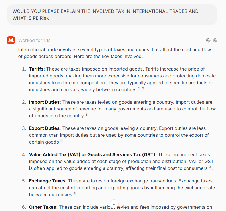 Hager950418's tweet photo. I asked Le Chat and HuggingChat: 'Would you explain the taxes in international trade and PE Risk?' Le Chat detailed tariffs and PE Risk; HuggingChat focused more broadly. https://t.co/KPWS1wM0ko