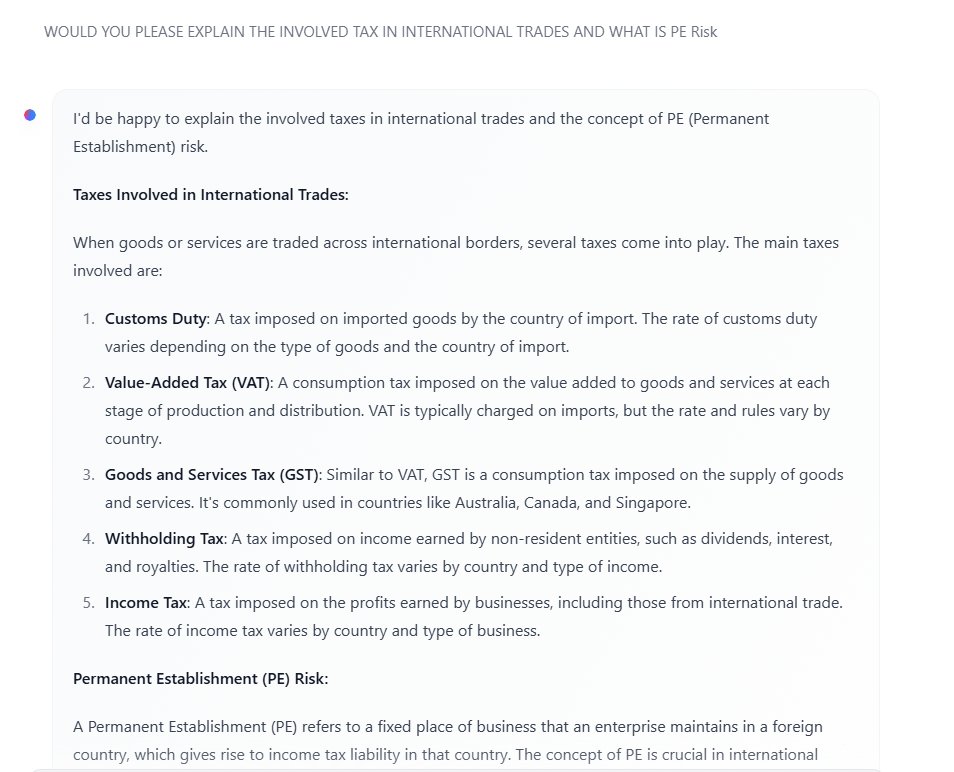 Hager950418's tweet photo. I asked Le Chat and HuggingChat: 'Would you explain the taxes in international trade and PE Risk?' Le Chat detailed tariffs and PE Risk; HuggingChat focused more broadly. https://t.co/KPWS1wM0ko