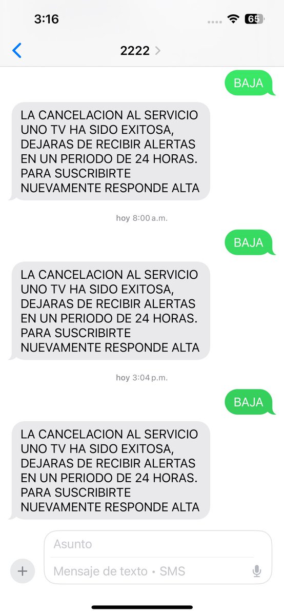 Iomardg's tweet photo. @Telcel sigo recibiendo mensajes de @unotv servicio que no solicité y que no quiero. Que me han prometido cancelar y sigue y sigue.
@arturoelias @joeaboum por favor cancelen ese servicio que me desagrada y que no contrate, que no pedí, que no me agrada. https://t.co/D1hFBKvOK4