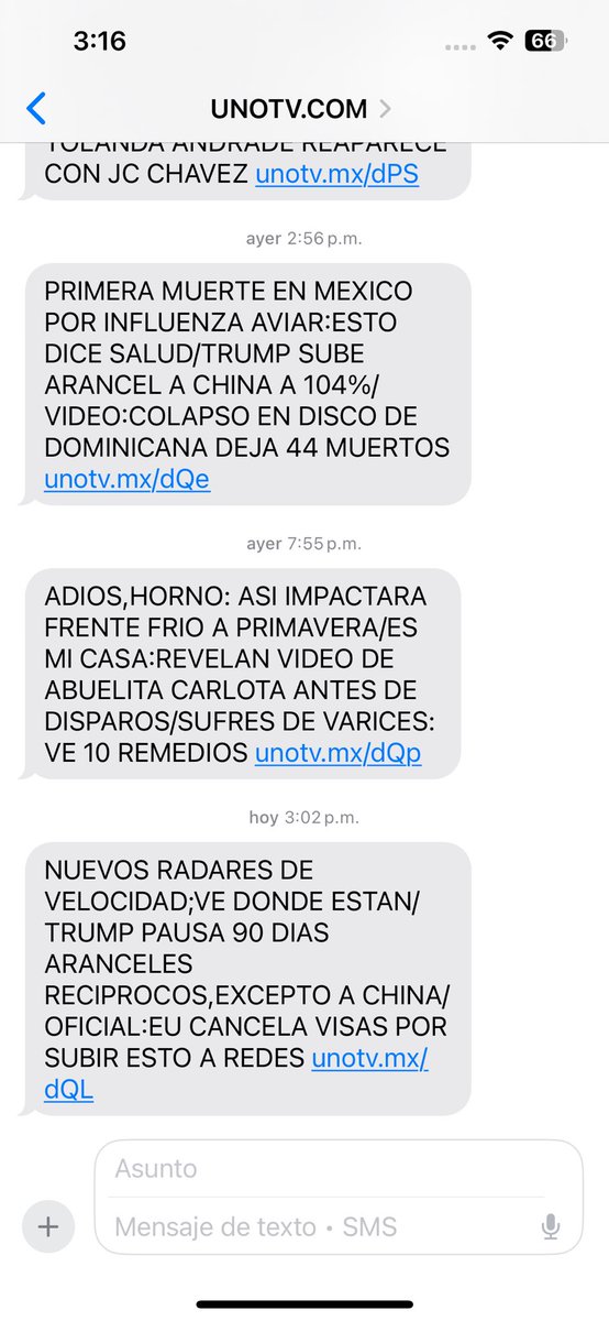 Iomardg's tweet photo. @Telcel sigo recibiendo mensajes de @unotv servicio que no solicité y que no quiero. Que me han prometido cancelar y sigue y sigue.
@arturoelias @joeaboum por favor cancelen ese servicio que me desagrada y que no contrate, que no pedí, que no me agrada. https://t.co/D1hFBKvOK4