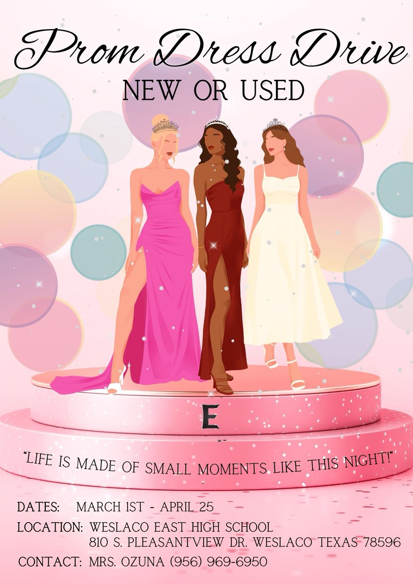 Prom season is here! WE are excited to announce that we are once again collecting Prom Dresses.  Please get in touch with our Parent Specialist, Mrs. Ozuna, to make your donation.