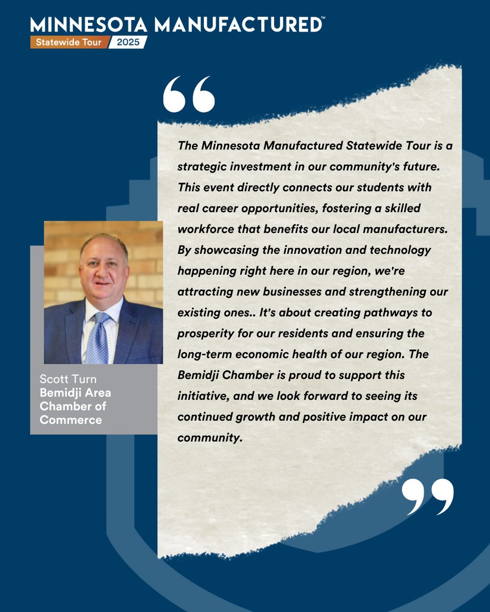 mnmanufactured's tweet photo. Regional Champion Scott Turn (North Region) highlights the Minnesota Manufactured Statewide Tour as a vital investment in our community's future! 🚀 Celebrate this strategic initiative on May 22nd in Duluth! https://t.co/nSBb5ZNy1N

#MinnesotaManufactured #AwardsBanquet https://t.co/a6boTrH9sL