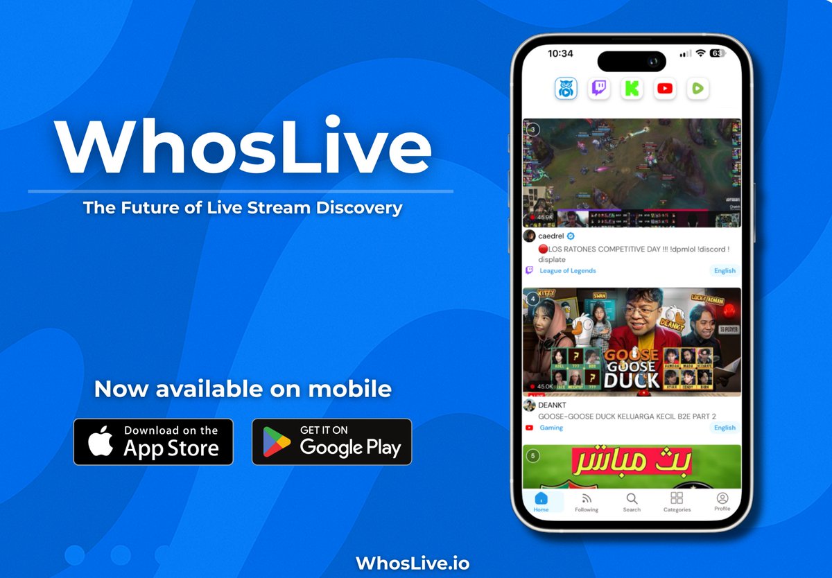 It’s official: the WhosLive app is LIVE!

Discover live content from Twitch, YouTube, Kick &amp; more—all in one place. From creators you love to new ones you haven’t met yet, it all starts here.

📲 Download now &amp; experience the future of live-stream discovery.