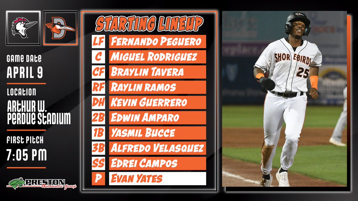 Here's our <a href="/preston_motor/">Preston Automotive</a>  starting lineup as we return to action tonight for our first home game!

📍 | Arthur W. Perdue Stadium
🆚 | Fayetteville Woodpeckers
⏰ | 7:05 PM
📺 | bit.ly/MiLB-tv
📻 | atmilb.com/38q7Dwv
🎙️ | <a href="/MitchellSpeltz/">Mitchell Speltz</a>

#FlyTogether | #Birdland