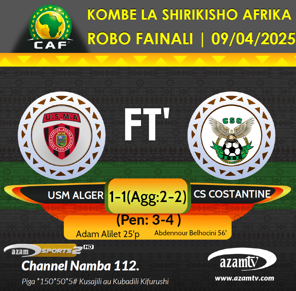 azamtvtz's tweet photo. #CAFCC USM Alger OUT…!!!
RS Berkane 1-0 ASEC Mimosas (Agg: 2-0)
USM Alger 1-1 SC Costantine (Agg: 2-2 | Pen: 3-4)).
Nusu fainali ni RS Berkane vs CS Costantine…..
#CAFConfederationCup #CAFCC #KombeLaShirikishoAfrika #CCC #RSBerkane #USMAlger #ASECMimosas #CSCostantine
@CAFCLCC