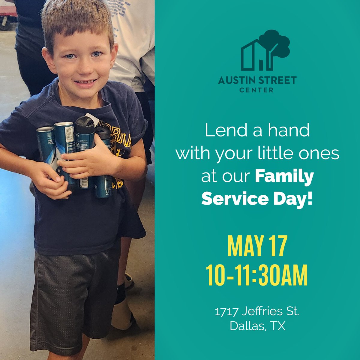 Bring your whole crew to Austin Street’s Family Service Day on Sat. May 17!!
When families visit Austin Street on 5/17, they will help beautify our New Hope Garden, assemble welcome home kits, neighborhood cleanup, and more.

Sign up your family at: austinstreet.galaxydigital.com/need/detail/?n…