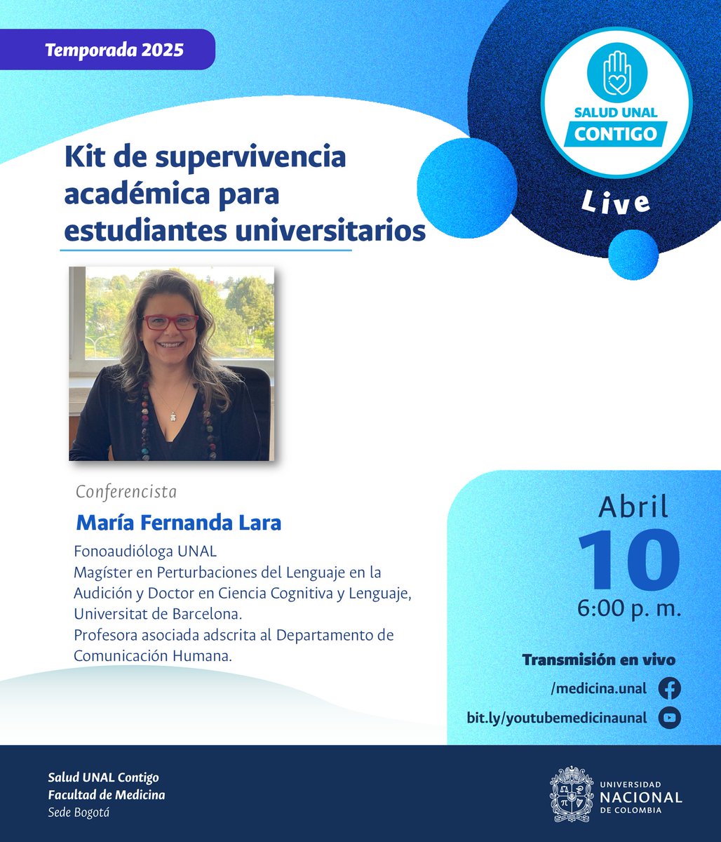 MedicinaUNAL's tweet photo. Mañana en #SUCLive traeremos el "Kit de supervivencia académica para estudiantes universitarios", una herramienta que seguramente será  de gran ayuda para nuestros estudiantes a lo largo del nuevo semestre.
Los esperamos desde las 6:00 pm en nuestros canales de Facebook y YouTube https://t.co/6w56KJ7QwE