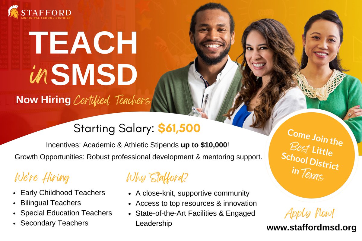 🚨 We’re heading to the <a href="/UHClearLake/">University of Houston-Clear Lake</a> Job Fair!
Stafford MSD is excited to meet future educators ready to join our team for the 2025-2026 school year. 🎓🍎
Stop by our booth — let’s talk about your future in education! 💼 #SMSD #UHCL #TeacherJobs #JoinOurTeam