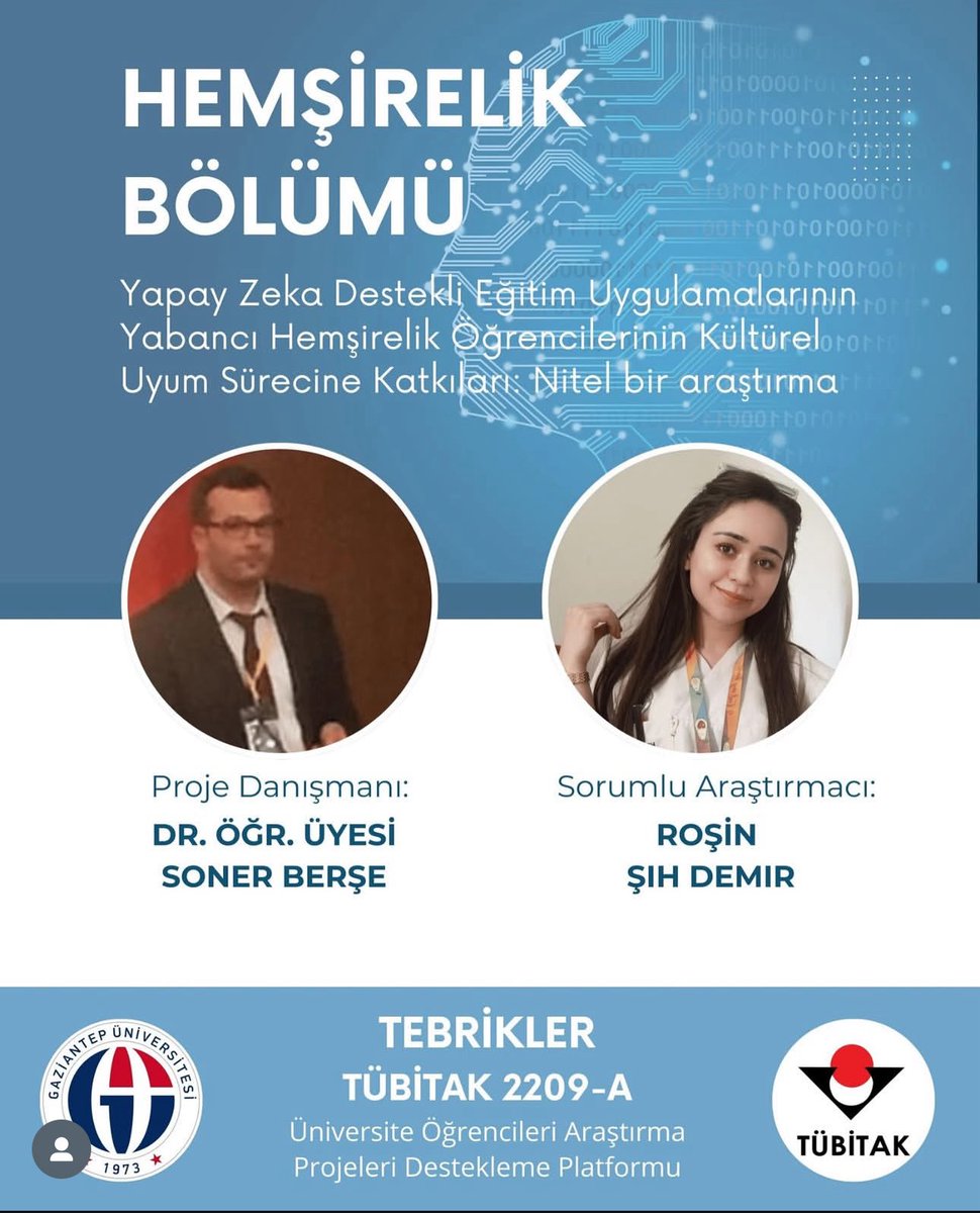 sonerberse's tweet photo. Danışmanlığını yürüttüğüm Gülay Koca ve Roşin Şıh Demir’in TÜBİTAK 2209-A lisans araştırma projeleri desteklenmeye hak kazandı!
Öğrencilerimi tebrik eder, başarılarının devamını dilerim.

@SaitMesutDogan 
@gaziantepUniv

#TÜBİTAK #2209A #Hemşirelik 
 #Parlayanyıldız https://t.co/hDBmVQbgQ4