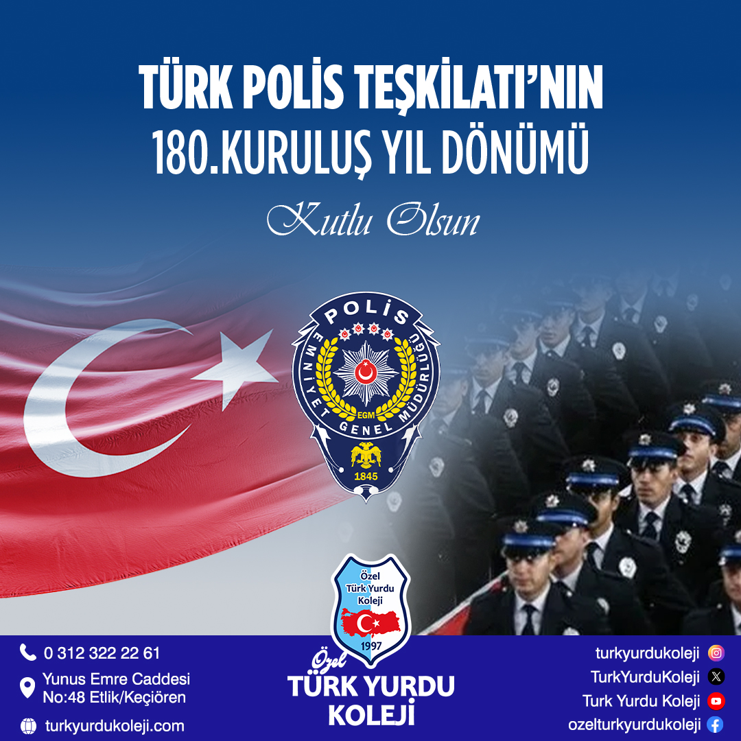TÜRK POLİS TEŞKİLATI'NIN 180.KURULUŞ YILDÖNÜMÜ KUTLU OLSUN

Vatanımızın dört köşesinde fedakârca çalışarak milletimizin birliği, bütünlüğü huzur ve güvenliğini sağlayan, bu çalışmalarda sayısız şehitler veren Türk Polis Teşkilatı'nın 180.Kuruluş yıldönümü kutlu olsun.