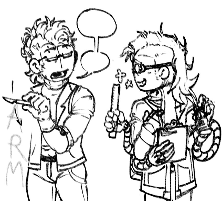 gooperin's tweet image. contrary to literally half of the fandom just begging for gay porn, me and my buddies hc them as like, super distant, barely related cousins with SIMILAR interests. doc runs an unlicensed hospital, while gonne works with super-advanced technology. #madnesscombat #madcom —