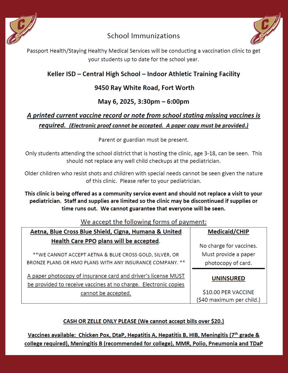 CHS Charger Athletic Training (@chschargerats) on Twitter photo It's that time of year! We'll be hosting mass physicals on Tuesday, May 6 at <a href="/KellerCentralHS/">Keller Central HS</a>. Current 6th-11th graders can get their athletic physical for 25-26: $15 pre-registered or $20 at the door. Health Services will also host a shot clinic!
<a href="/KISDAthletics/">Keller ISD Athletics</a> <a href="/Chargers_CHS/">⚡️Keller Central Athletics⚡️</a> It's that time of year! We'll be hosting mass physicals on Tuesday, May 6 at <a href="/KellerCentralHS/">Keller Central HS</a>. Current 6th-11th graders can get their athletic physical for 25-26: $15 pre-registered or $20 at the door. Health Services will also host a shot clinic!
<a href="/KISDAthletics/">Keller ISD Athletics</a> <a href="/Chargers_CHS/">⚡️Keller Central Athletics⚡️</a>