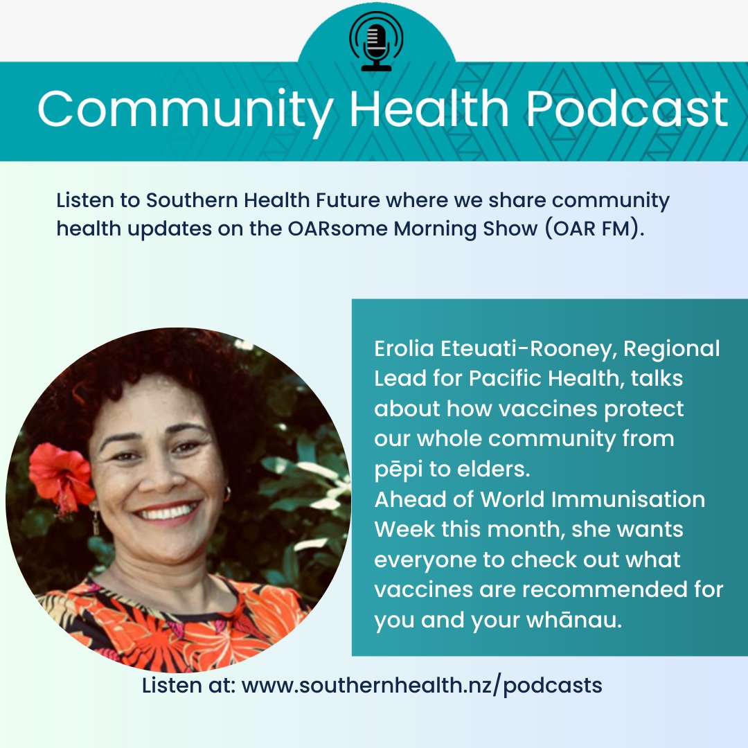 Ahead of World Immunisation Week, Erolia Eteuati-Rooney, Regional Lead for Pacific Health, talks talks to Jeff from <a href="/OarFM/">OAR FM Dunedin</a> about how vaccines protect our whole community from pēpi to elders.
Listen here: player.accessmedia.nz/Player.aspx?ei…